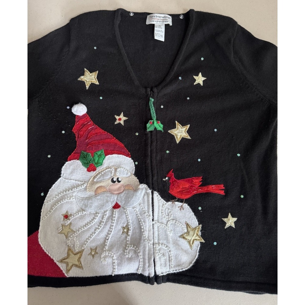 Vtg Christmas Cardigan Sweater XL Knit Full Zip Appliqué Cardinal Santa Novelty - Picture 6 of 16